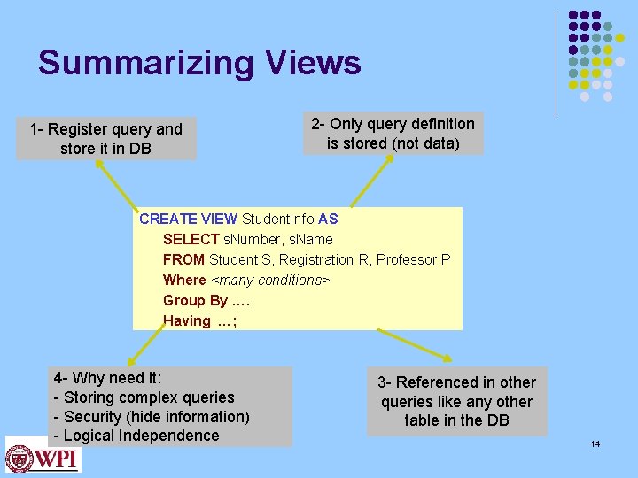 Summarizing Views 1 - Register query and store it in DB 2 - Only