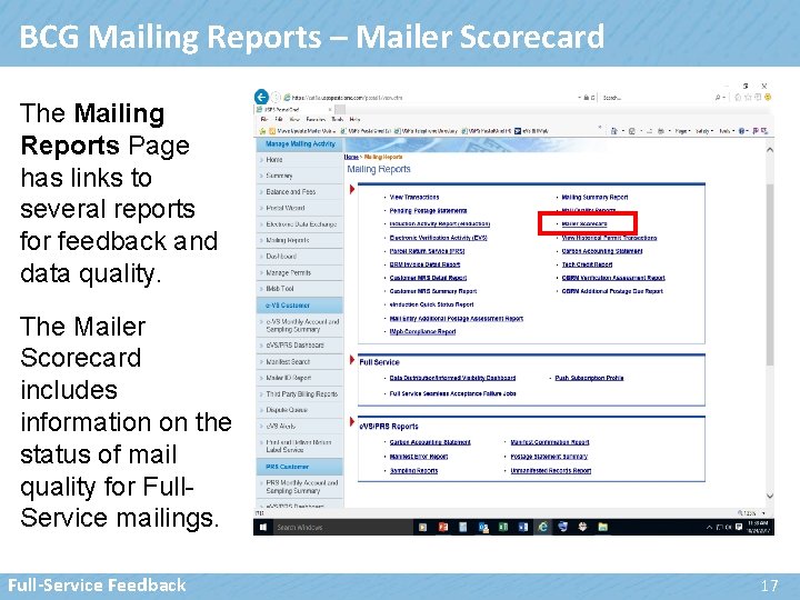 BCG Mailing Reports – Mailer Scorecard The Mailing Reports Page has links to several
