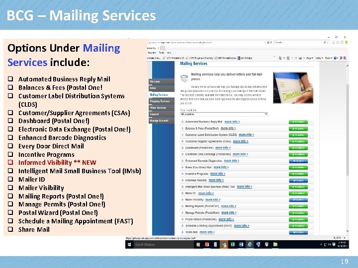 BCG – Mailing Services Options Under Mailing Services include: q Automated Business Reply Mail