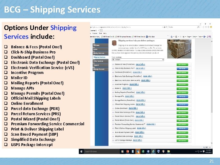 BCG – Shipping Services Options Under Shipping Services include: q q q q q