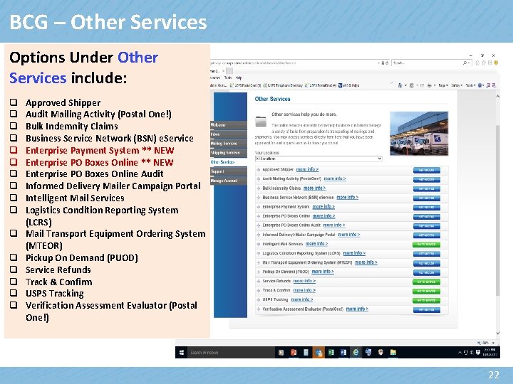 BCG – Other Services Options Under Other Services include: q q q q Approved