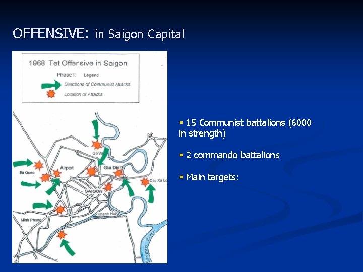 OFFENSIVE: in Saigon Capital § 15 Communist battalions (6000 in strength) § 2 commando