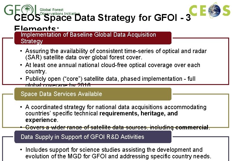 CEOS Space Data Strategy for GFOI - 3 Elements: Implementation of Baseline Global Data