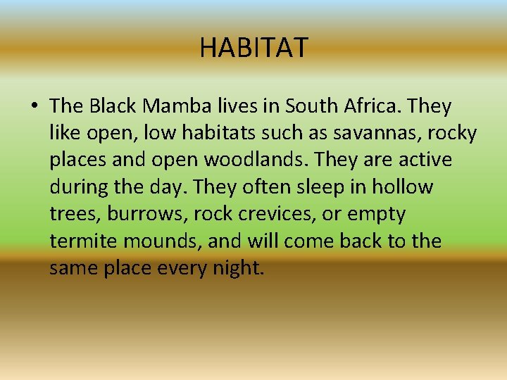HABITAT • The Black Mamba lives in South Africa. They like open, low habitats
