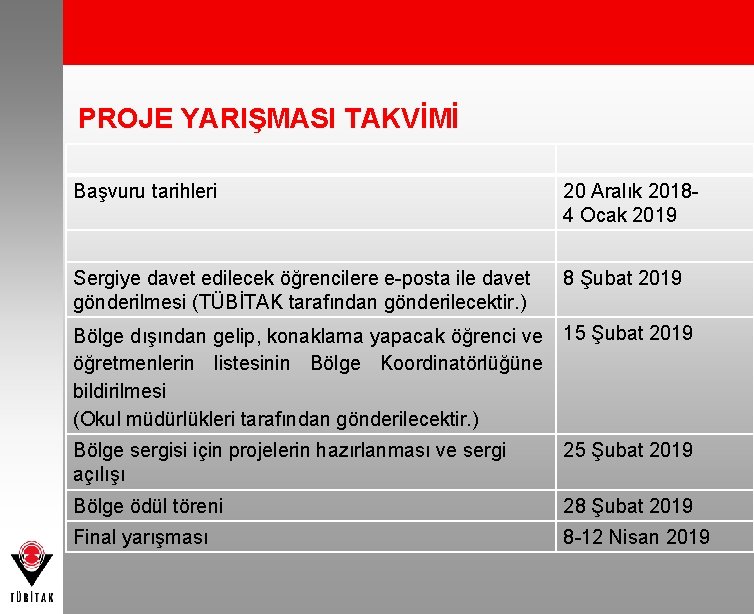 PROJE YARIŞMASI TAKVİMİ Başvuru tarihleri 20 Aralık 20184 Ocak 2019 Sergiye davet edilecek öğrencilere