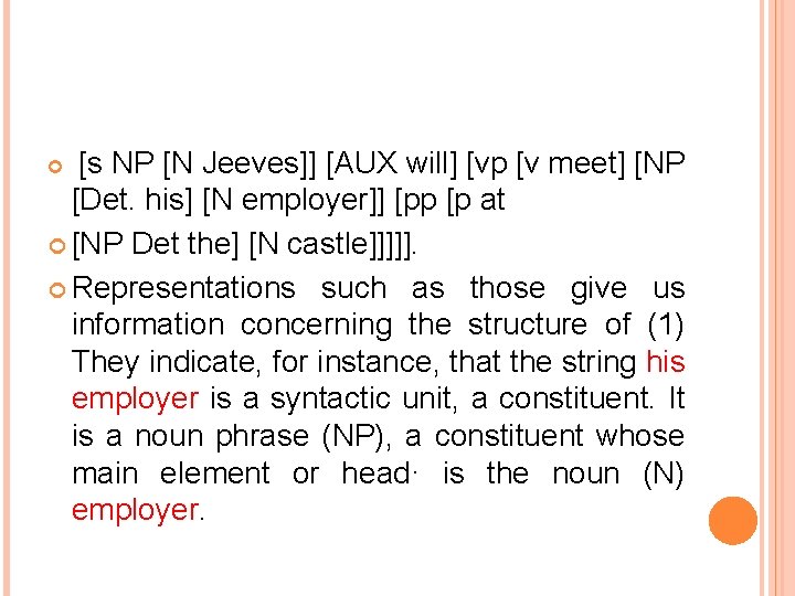 [s NP [N Jeeves]] [AUX will] [vp [v meet] [NP [Det. his] [N employer]]