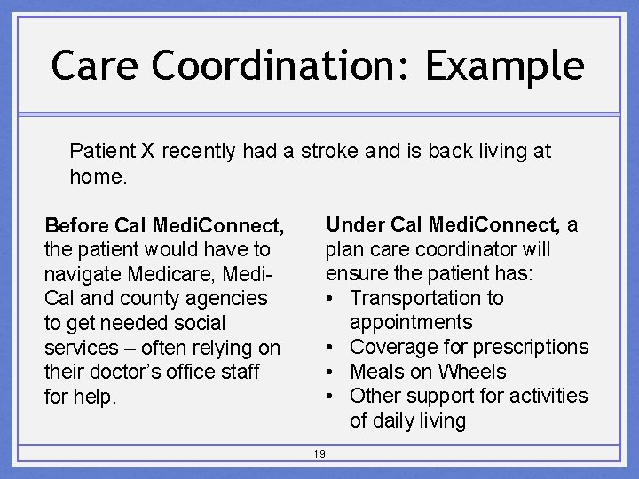 Care Coordination: Example Patient X recently had a stroke and is back living at