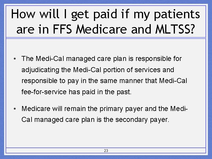 How will I get paid if my patients are in FFS Medicare and MLTSS?