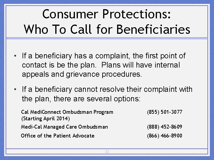 Consumer Protections: Who To Call for Beneficiaries • If a beneficiary has a complaint,