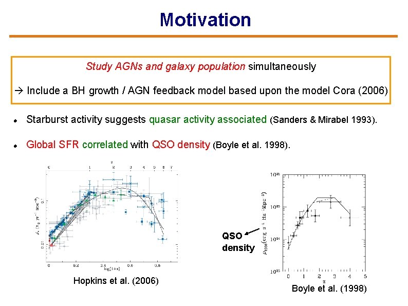 Motivation Study AGNs and galaxy population simultaneously Include a BH growth / AGN feedback