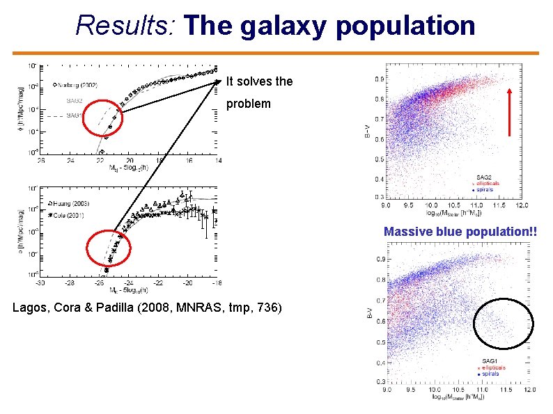 Results: The galaxy population It solves the problem Massive blue population!! Lagos, Cora &