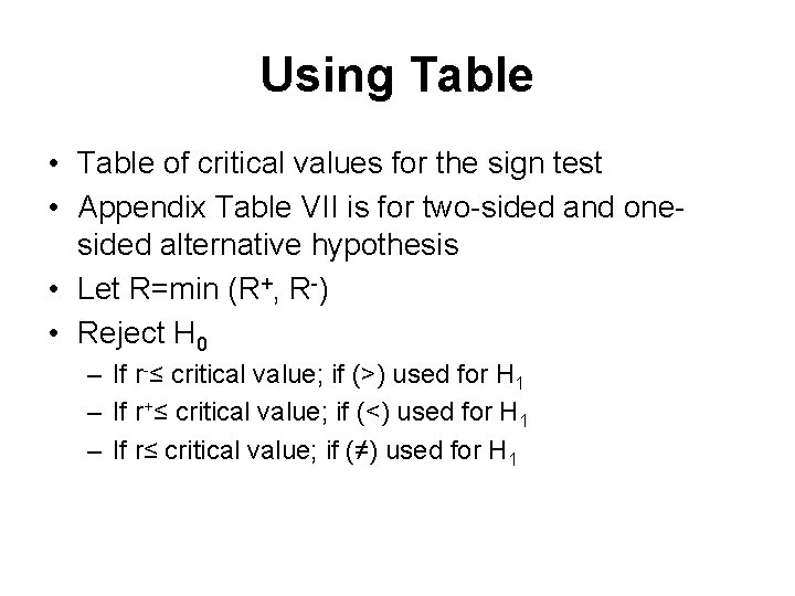 Using Table • Table of critical values for the sign test • Appendix Table