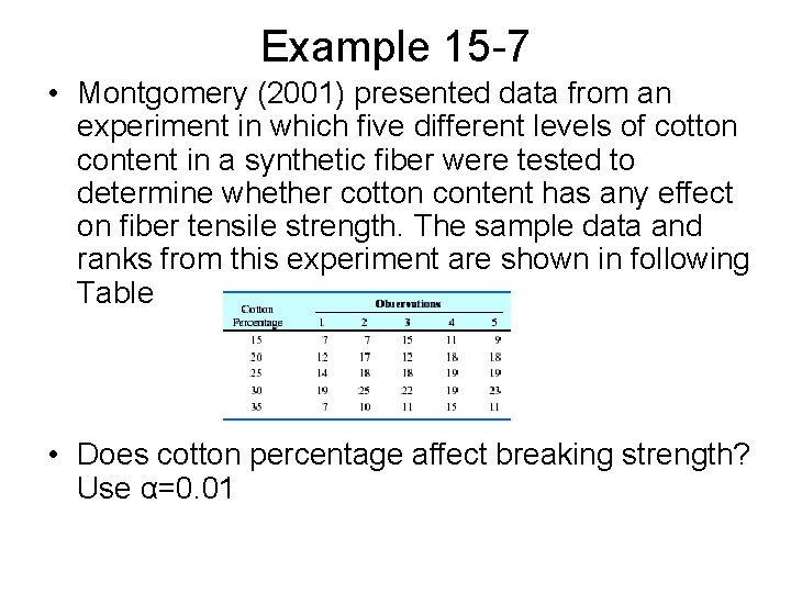 Example 15 -7 • Montgomery (2001) presented data from an experiment in which five