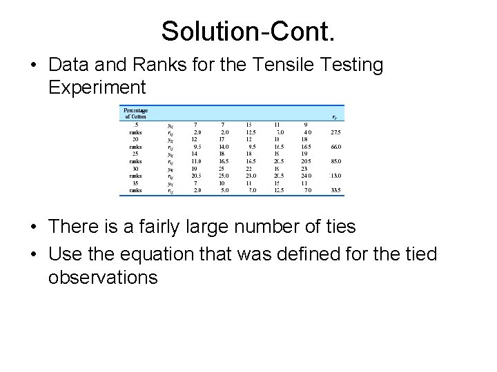 Solution-Cont. • Data and Ranks for the Tensile Testing Experiment • There is a