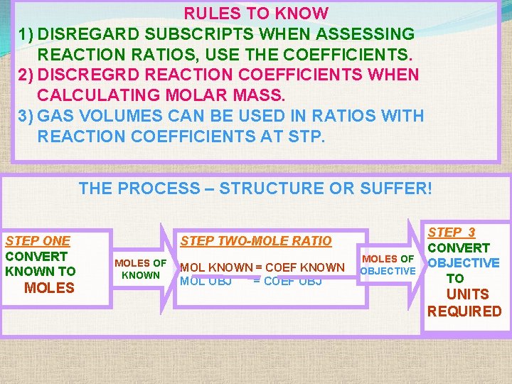 RULES TO KNOW 1) DISREGARD SUBSCRIPTS WHEN ASSESSING REACTION RATIOS, USE THE COEFFICIENTS. 2)