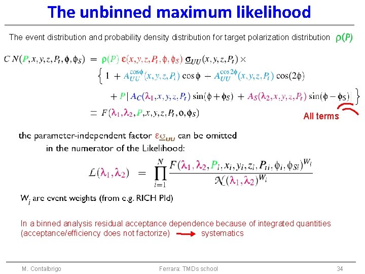 The unbinned maximum likelihood The event distribution and probability density distribution for target polarization