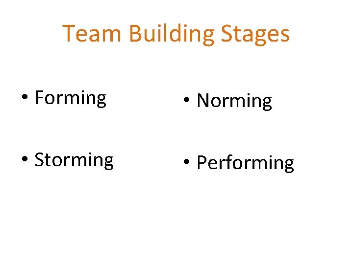 Team Building Stages • Forming • Norming • Storming • Performing 
