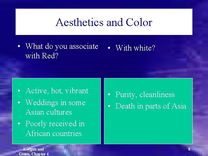 Aesthetics and Color • What do you associate with Red? • With white? •