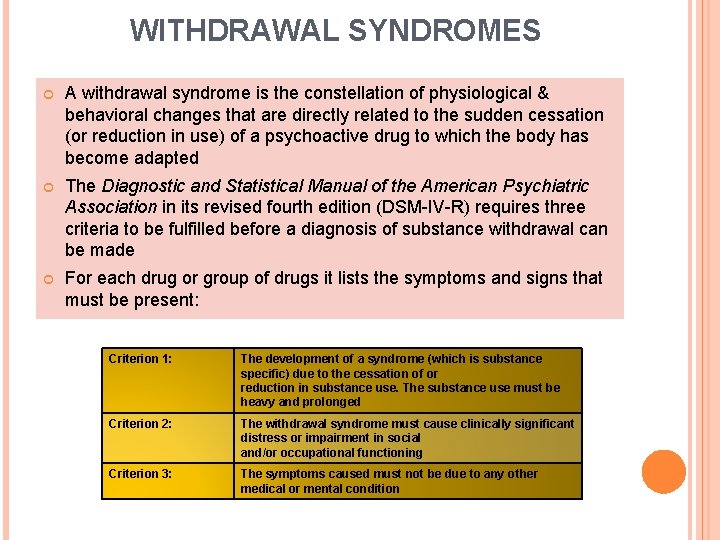 WITHDRAWAL SYNDROMES A withdrawal syndrome is the constellation of physiological & behavioral changes that