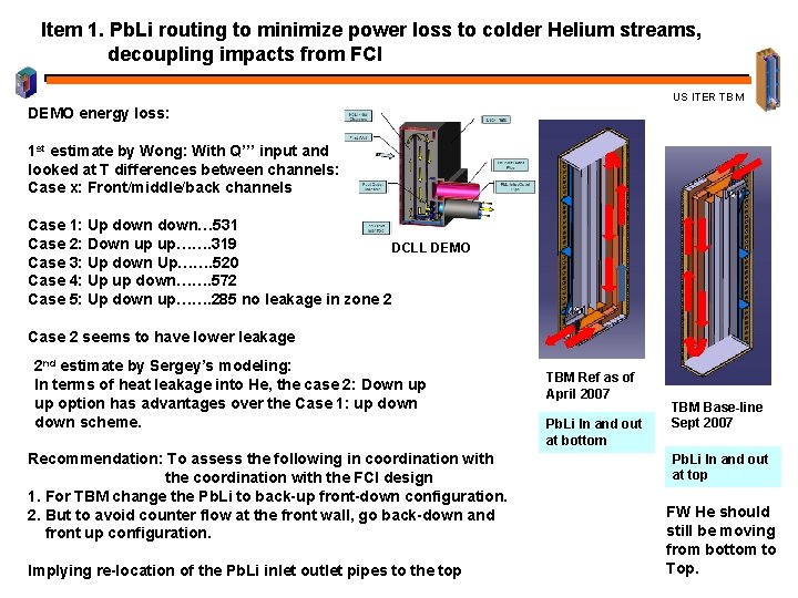 Item 1. Pb. Li routing to minimize power loss to colder Helium streams, decoupling