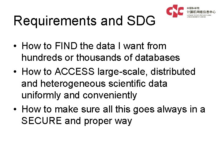 Requirements and SDG • How to FIND the data I want from hundreds or