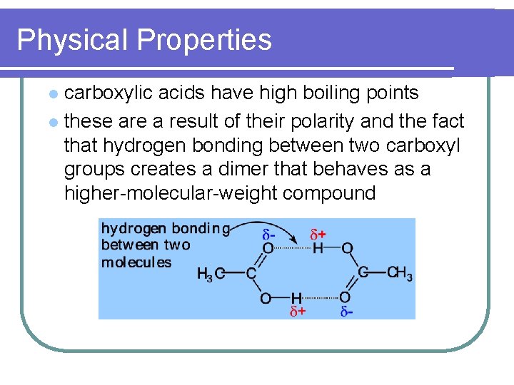 Physical Properties carboxylic acids have high boiling points l these are a result of