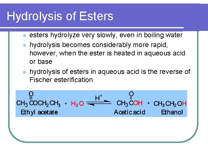 Hydrolysis of Esters l l l esters hydrolyze very slowly, even in boiling water