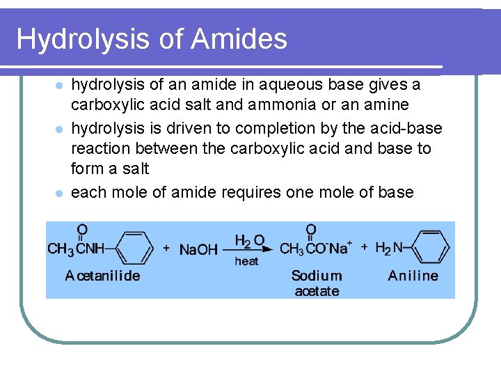 Hydrolysis of Amides l l l hydrolysis of an amide in aqueous base gives