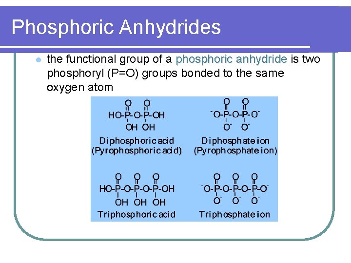 Phosphoric Anhydrides l the functional group of a phosphoric anhydride is two phosphoryl (P=O)