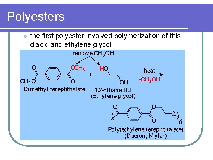Polyesters l the first polyester involved polymerization of this diacid and ethylene glycol 