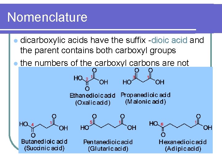 Nomenclature dicarboxylic acids have the suffix -dioic acid and the parent contains both carboxyl