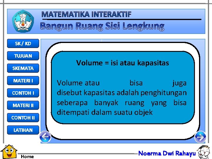 SK / KD TUJUAN SKEMATA MATERI I CONTOH I MATERI II CONTOH II Volume