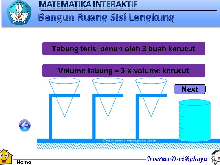 Tabung terisi penuh oleh 3 buah kerucut Volume tabung = 3 x volume kerucut