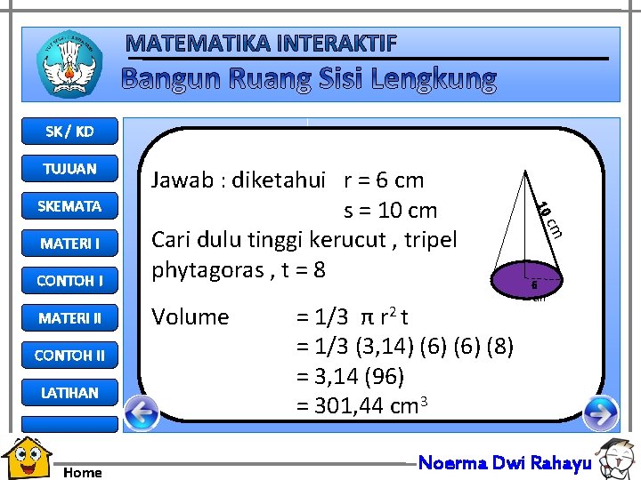 SK / KD TUJUAN Volume MATERI I CONTOH II LATIHAN Home = 1/3 π