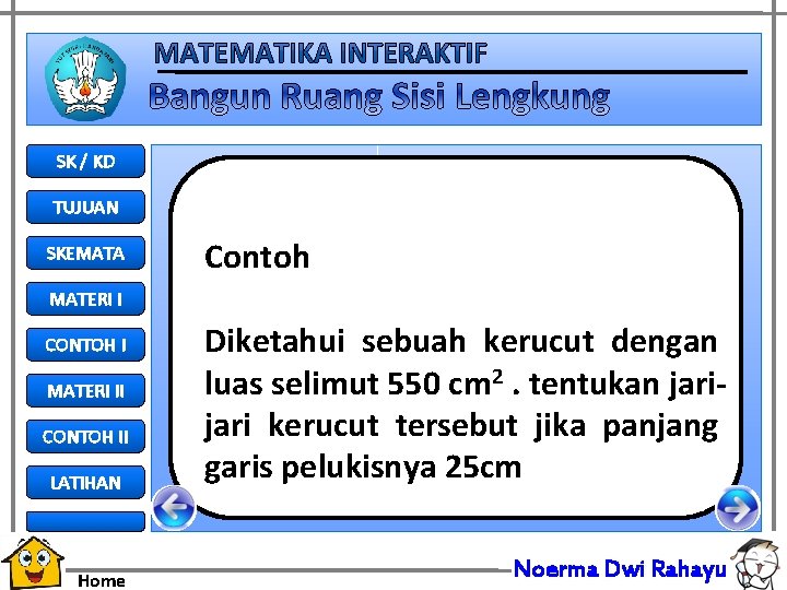 SK / KD TUJUAN SKEMATA Contoh MATERI I LATIHAN Diketahui sebuah kerucut dengan luas