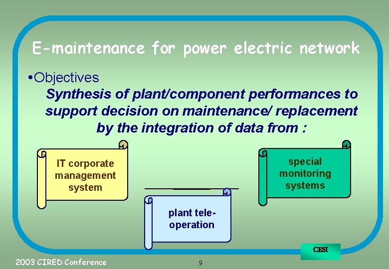 E-maintenance for power electric network Objectives Synthesis of plant/component performances to support decision on