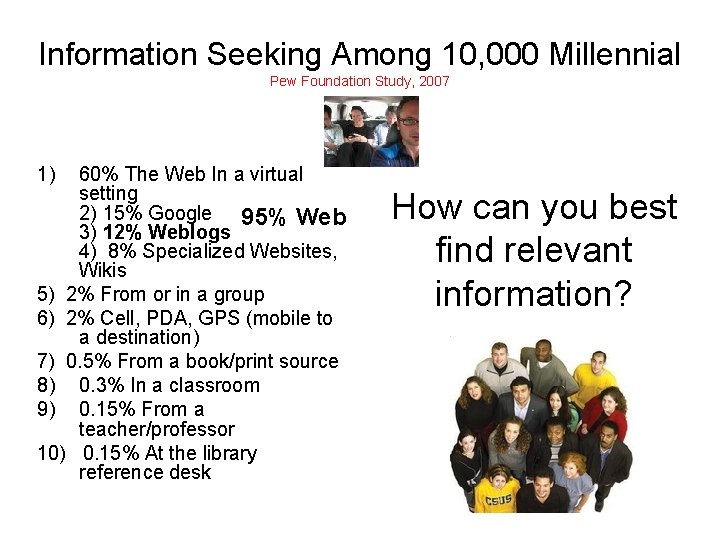 Information Seeking Among 10, 000 Millennial Pew Foundation Study, 2007 1) 60% The Web