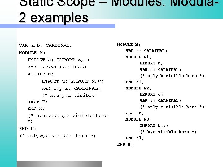 Static Scope – Modules. Modula 2 examples VAR a, b: CARDINAL; MODULE M; IMPORT