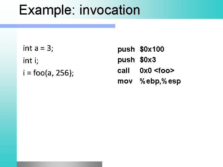 Example: invocation int a = 3; int i; i = foo(a, 256); push call