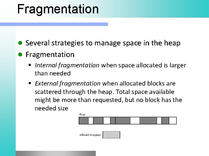 Fragmentation Several strategies to manage space in the heap l Fragmentation l § Internal