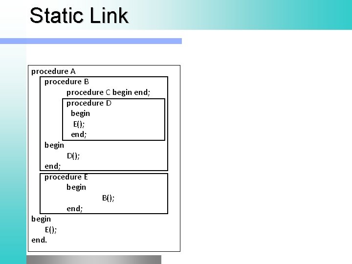 Static Link procedure A procedure B procedure C begin end; procedure D begin E();
