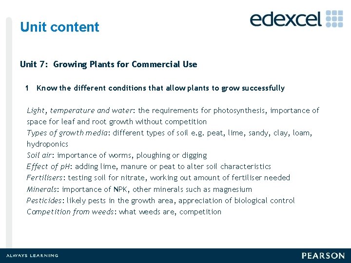 Unit content Unit 7: Growing Plants for Commercial Use 1 Know the different conditions