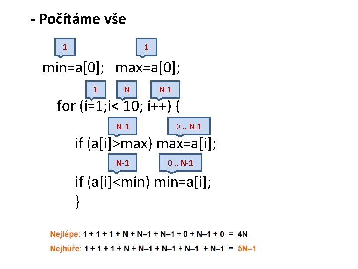 - Počítáme vše 1 1 min=a[0]; max=a[0]; 1 N N-1 for (i=1; i< 10;