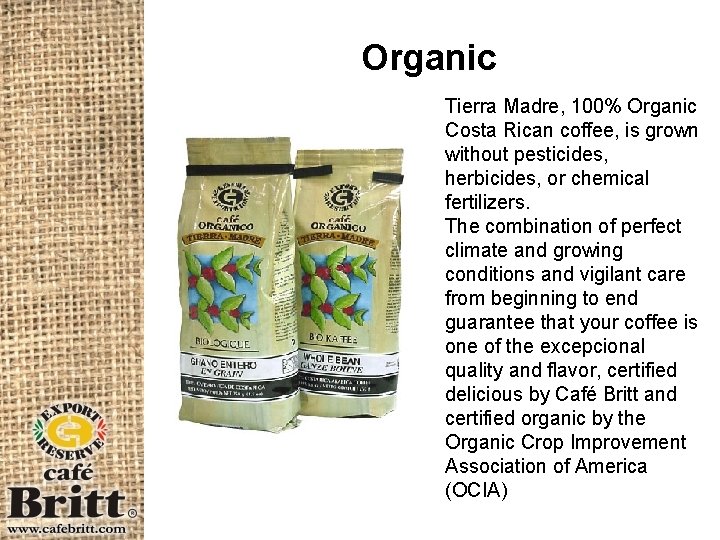 Organic Tierra Madre, 100% Organic Costa Rican coffee, is grown without pesticides, herbicides, or