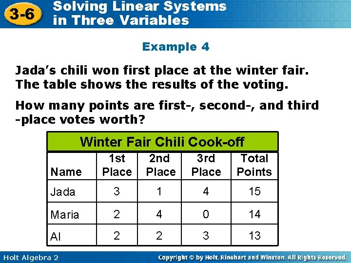 3 -6 Solving Linear Systems in Three Variables Example 4 Jada’s chili won first 3 -6 Solving Linear Systems in Three Variables Example 4 Jada’s chili won first
