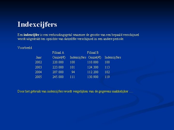 Indexcijfers Een indexcijfer is een verhoudingsgetal waarmee de grootte van een bepaald verschijnsel wordt