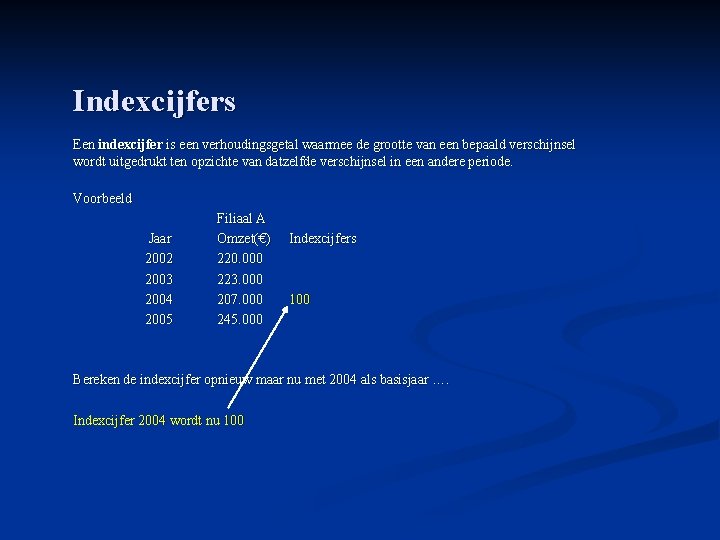 Indexcijfers Een indexcijfer is een verhoudingsgetal waarmee de grootte van een bepaald verschijnsel wordt