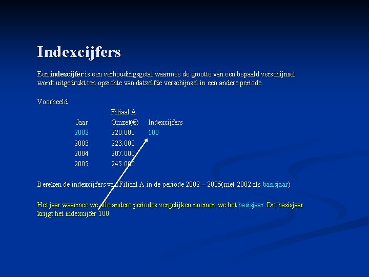 Indexcijfers Een indexcijfer is een verhoudingsgetal waarmee de grootte van een bepaald verschijnsel wordt