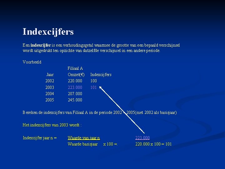 Indexcijfers Een indexcijfer is een verhoudingsgetal waarmee de grootte van een bepaald verschijnsel wordt