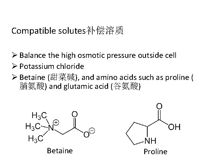 Compatible solutes补偿溶质 Ø Balance the high osmotic pressure outside cell Ø Potassium chloride Ø